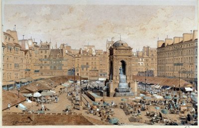 19世紀パリのマルシェとイノセントの泉の眺め。水彩画：テオドール・ジョゼフ・ホフバウアー（1839-1922） 19世紀 パリ、カルナヴァレ美術館 作： テオドール・ヨーゼフ・ヒューバート・ホフバウアー