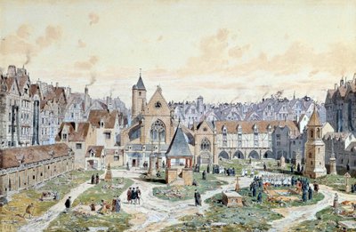 1550年のパリの「罪人の墓地」の風景。テオドール・ジョセフ・ヒューバート・ホフバウアー（1839-1922）による水彩画 19世紀 パリ、カルナヴァレ美術館 作： Theodor Josef Hubert Hoffbauer