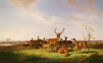 太陽に照らされた牧草地での鹿の群れ 作： Theodor Julius Kiellerup
