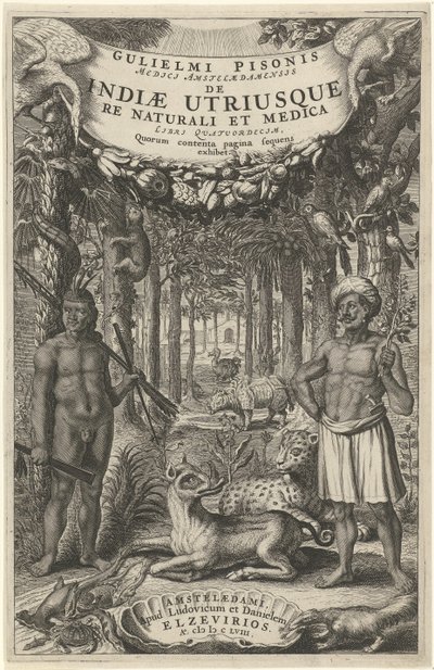 森の前で二人の男と野生動物 タイトルページ: Indiae Utriusque、1658 年 作： Theodor Matham