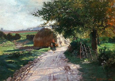 シュワルムの小さな女の子がいる田舎の道 作： Theodor Matthei