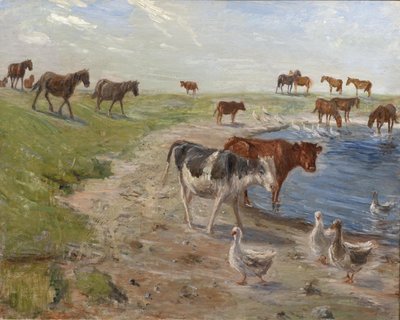 ソルトホルム島の水飲み場で子牛とガチョウ 作： Theodor Philipsen