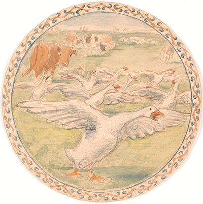 草を食む牛とガチョウの鳴き声（陶器の下書き） 作： Theodor Philipsen