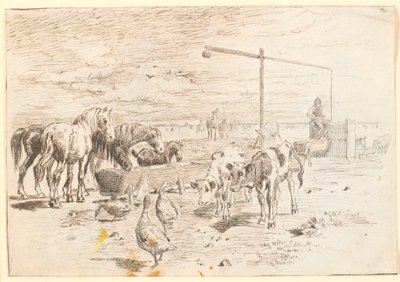 ソルトホルムのホーレンダーブロンデンの馬、子牛、ガチョウ 作： Theodor Philipsen