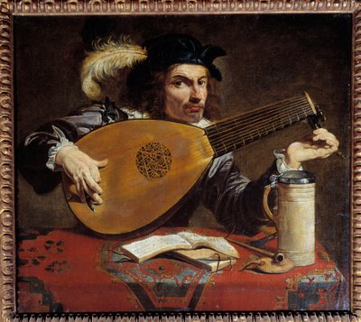 リュートのチューニングをする男性。テオドール・ロンバウツ（1597-1637）の絵 Ec.Flam. 作： Theodor Rombouts