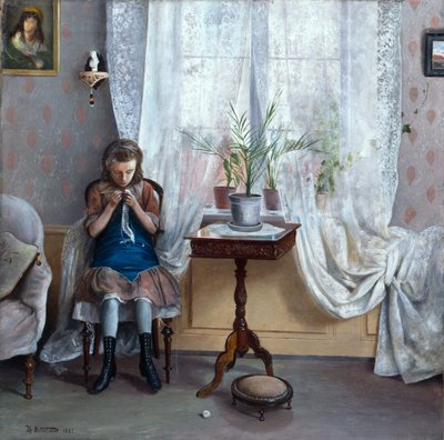 かぎ針編みの女の子とインテリア 作： Theodor Kittelsen