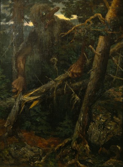 森の中の木を壊す古いトロール 作： Theodor Kittelsen