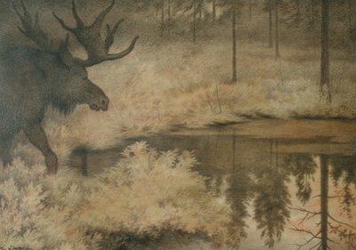 ヘラジカが喉の渇きを潤しにやってくる 作： Theodor Kittelsen