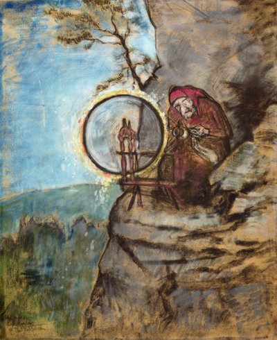 古いエリックのために靴下を紡いだ魔女 (紙に色付きのパステル) 作： Theodor Kittelsen