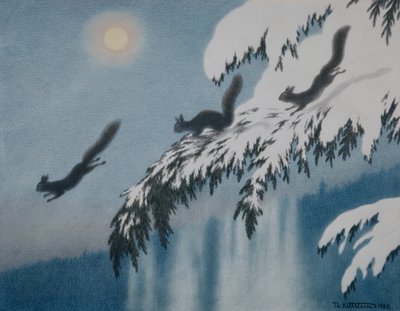 冬の夜 - 飛行中のリス 作： Theodor Kittelsen