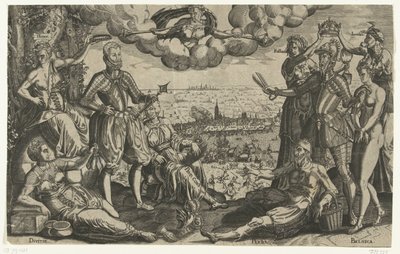 オレンジとアルバの比較、背景にスパニッシュ フューリー、1577 年頃 作： Theodor de Bry (attributed to)
