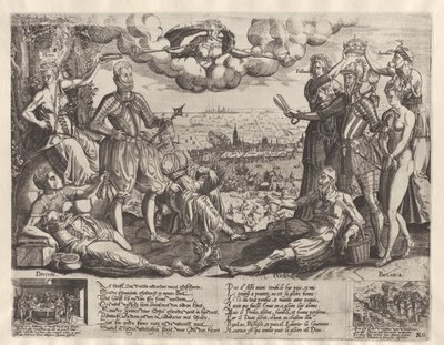 オレンジとアルバの比較、背景にスパニッシュ フューリー、1577 年頃 作： Theodor de Bry (attributed to)