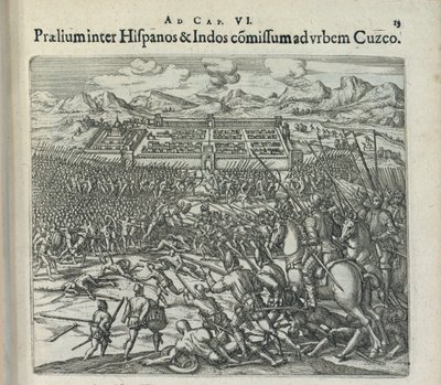 1596年、クスコの門前でのスペイン人とインディアンの戦い。 作： Theodor de Bry