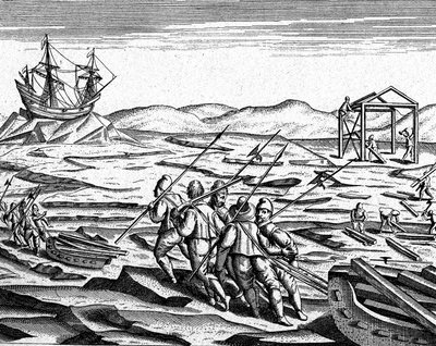 1600年頃、北極の冬のための家づくり（エングレーヴィング） 作： Theodor de Bry
