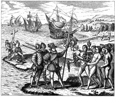 Christopher Columbus (1451-1506) genovalainen tutkimusmatkailija, joka löysi Amerikan - 12. toukokuuta 1492. Theodore de Bryn kaiverruksesta 1590. 作： Theodor de Bry