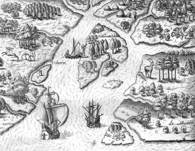 ジャン・リボーがシャルルフォールにフランス国王の紋章を掲げた柱を立てる 作： Theodor de Bry