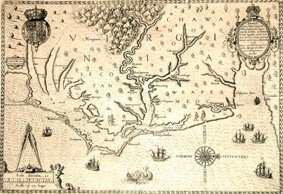 Mapa de 1590 gravado por Theodore de Bry após aquarela do colono inglês John White, governador de Roanoke. Virgínia e costa com pequenas ilhas e Roanoke na foz do rio. Terras nativas de Secotan e Weapemeoc. 作： Theodor de Bry