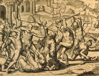 Theodor de Bry (1528-1598)、フランクフルトによる、南アメリカの宣教僧の殉教、Historia americae からの彫刻 作： Theodor de Bry