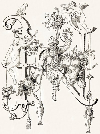 N - El sabio Natham - T. de Bry によるアルファベット (新しい芸術的なアルファベット) 作： Theodor de Bry