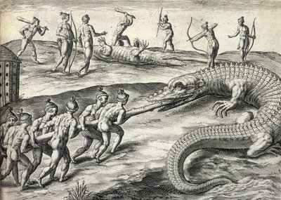 米国フロリダ州でワニを狩る裸のネイティブ アメリカン 作： Theodor de Bry