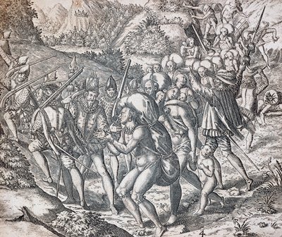 セビリアで奴隷にされるために船に乗り込む原住民、テオドール・ド・ブライ（1528-1598）、アンティルによる彫刻 作： Theodor de Bry