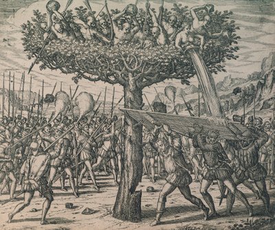 征服者と戦う木に隠れている原住民 作： Theodor de Bry
