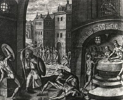 司祭は偽の戦いの犠牲者を殺し、その後皮をむく体、メキシコ、Peregrinationes からの彫刻、Theodor de Bry (1528-1598)、中央アメリカ 作： Theodor de Bry