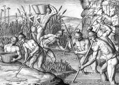 金を集めるティムクア・インディアン 作： Theodor de Bry