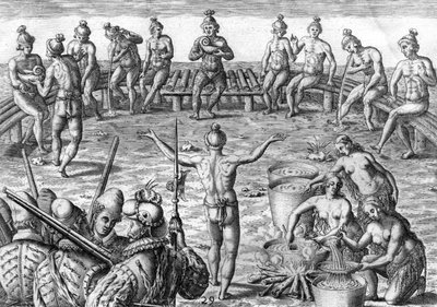 ティムクア・インディアンとフランス人探検家 作： Theodor de Bry