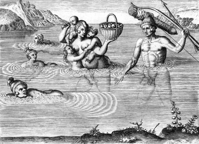 川を渡るティムクアン・インディアンの家族 作： Theodor de Bry