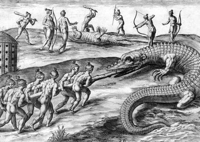 ワニを狩るティムクアン・インディアン 作： Theodor de Bry