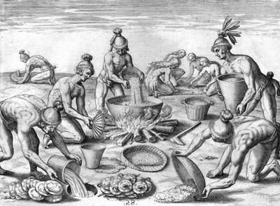 宴会の準備をするティムクアン・インディアン 作： Theodor de Bry