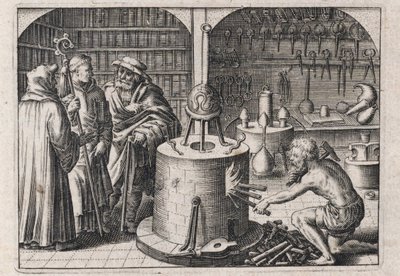 3 人の学者が錬金術のワーク ショップで、オーブンと器具を使用して会話します - Theodore de Bry (1528-1598) による彫刻、Michael Maier (1569-1622) による錬金術論文「Tripus avreus, hoc est, Tres tractatus chymici selectissimi」 作： Theodor de Bry