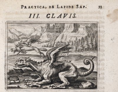 背景にあるドラゴン、オンドリに襲われた鶏を盗むオオカミ - Theodore de Bry (1528-1598) による彫刻、錬金術の論文「Tripus avreus、hoc est、Tres tractatus chymici selectissimi」、Michael Maier 作(1569-1622) 作： Theodor de Bry