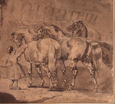 馬小屋で馬に餌をやる少女（鉛筆＆グレーのウォッシュ 作： Theodore (attr. to) Gericault