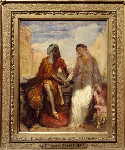ベニスのオセロとデズデモーネ ウィリアム・シェイクスピア（1564-1616）の悲劇「オセロ」の第一幕の挿絵。Theodore Chasseriau（1819-1856）による絵画 1850 Sun.0,25 X 0,20 Paris.Musee Du Louvre-ヴェネツィアのオセロとデズデモーナ、オテルの場面 作： Théodore Chassériau