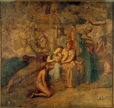 平和 母と子、そして群れが描かれた寓意的な表現。テオドール・シャセリウ（1819-1856）によるコンプトの中庭の階段の絵画 19世紀 日3.4×3.6メートル 作： Théodore Chassériau