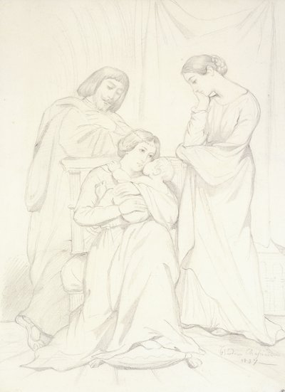 トルバドゥールの衣装を着たコンテオスカーデランシクールと彼の家族の推定肖像画 作： Théodore Chassériau