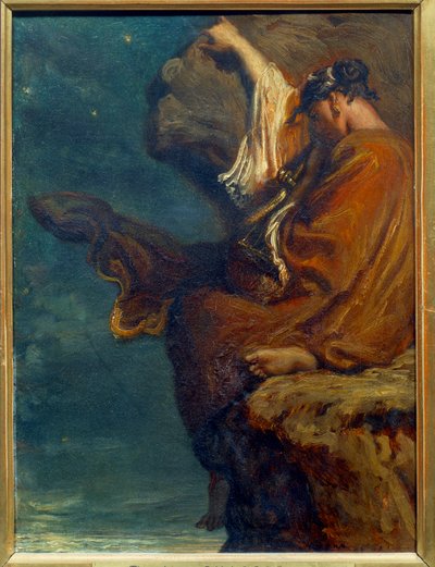 サフォー ギリシャの詩人サフォー（サッフォー）（紀元前600年頃）が岩の上に座ってメランコリアで海を眺めています。テオドール・シャセリウ（1819-1856）による絵画 1849年 Sun.0,27x0,21 m パリ、オルセー美術館 作： Théodore Chassériau