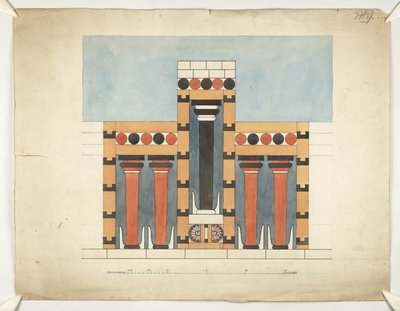 クノッソスのミノス宮殿の中央裁判所にある中央の三者神殿を再想像する絵画 (Evans Architectural Plans WW/15) 作： Theodore Fyfe
