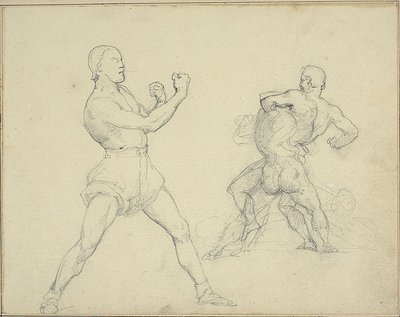 右を向くボクサーとレスリングする2人の男 作： Theodore Gericault