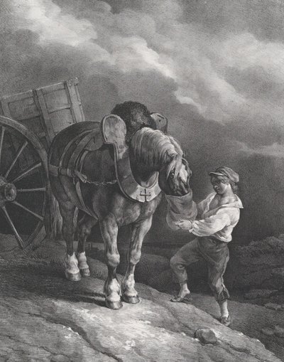 鼻袋からカート馬に餌をやる少年、1822年。 作： Theodore Gericault