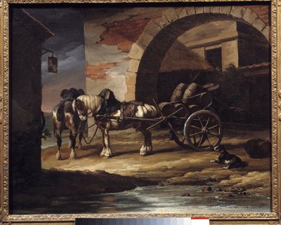 ワイン樽を積んだカートやハケット セオドア・ジェリコー（1791-1824）の絵画 1819年 薄暗い。0.6x0.73 m プロビデンスミュージアム・オブ・アート 作： Theodore Gericault