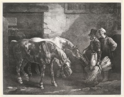厩舎の入り口に立つ2頭の郵便馬（Two Post-Horses at a Stable Door） 作： Theodore Gericault