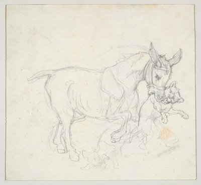 口に犬をくわえたロバ（表）；犬に追われる鹿の習作、雌鹿の頭（裏） 作： Theodore Gericault