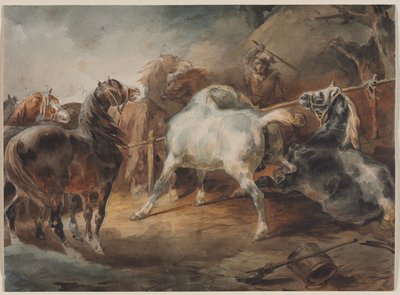ファイティングホース、c.1820（紙の上のグラファイト上の水彩画） 作： Theodore Gericault