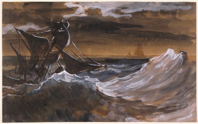 荒れ狂う海のヨット、1818年頃9月（ブラシと茶色のウォッシュ、黒チョークで水彩） 作： Theodore Gericault