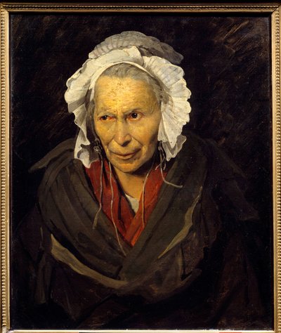 Salpetriere hyene or monomaniac of envy 精神的な病に苦しむ老女の肖像。テオドール・ジェリコー（1791-1824）による絵画 1822年 日0,72x0,58 m Lyon, musee des Beaux Arts - サルペトリエールのハイエナ、または羨望のモノマネ。年老いた人の肖像 作： Theodore Gericault