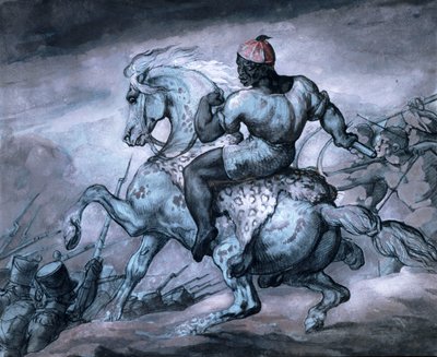 植民地戦争のシーン: 飼育馬に乗った黒人 作： Theodore Gericault