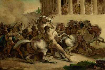 1817年の無人馬の種族（油彩、ペン、インク、キャンバスに敷いた紙） 作： Theodore Gericault